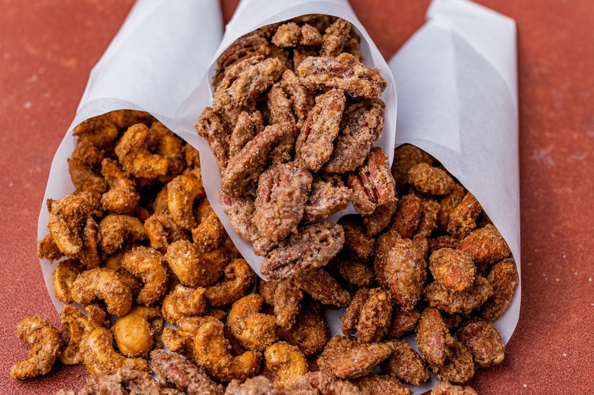 roasted pecans, cashews and almonds in parchment paper