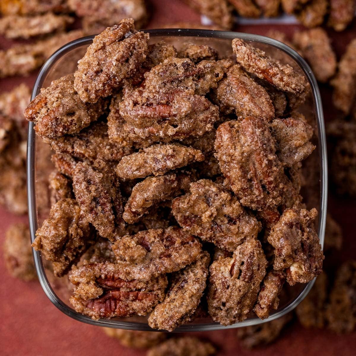 overhead view of cinnamon sugar roasted pecans