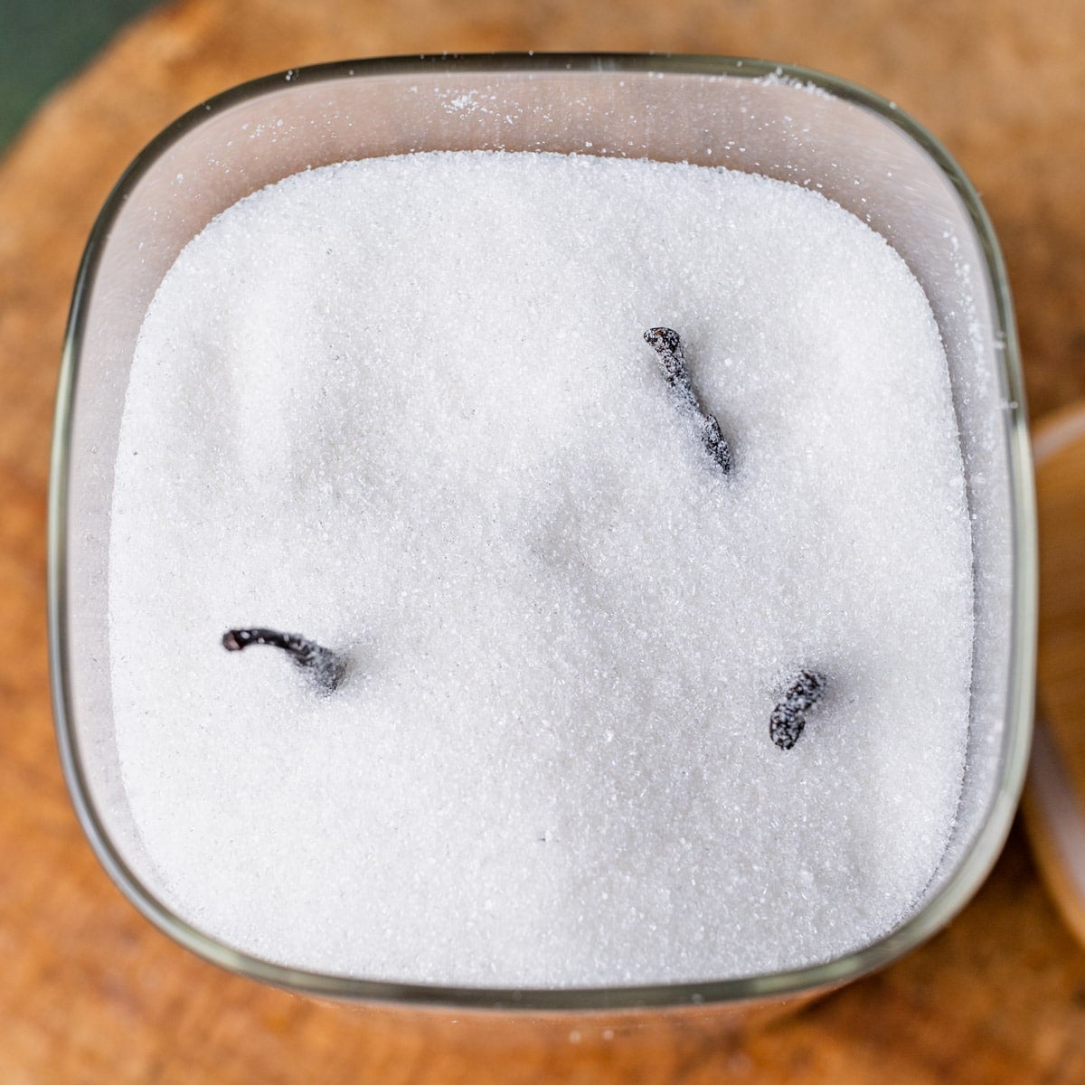 vanilla beans stuck in granulated sugar