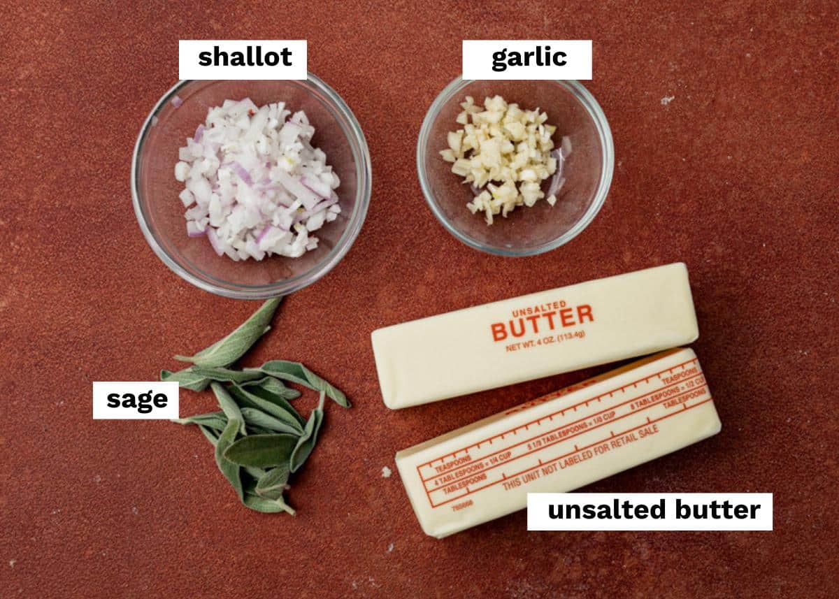 ingredients for brown butter sage sauce on a table