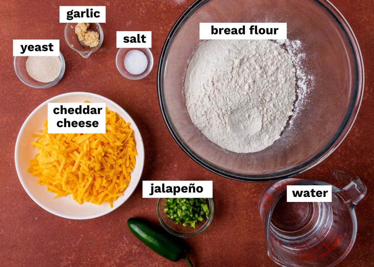 ingredients for no knead jalapeño cheese bread on a table