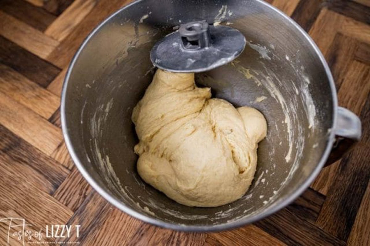 sweet roll dough in a mixing bowl