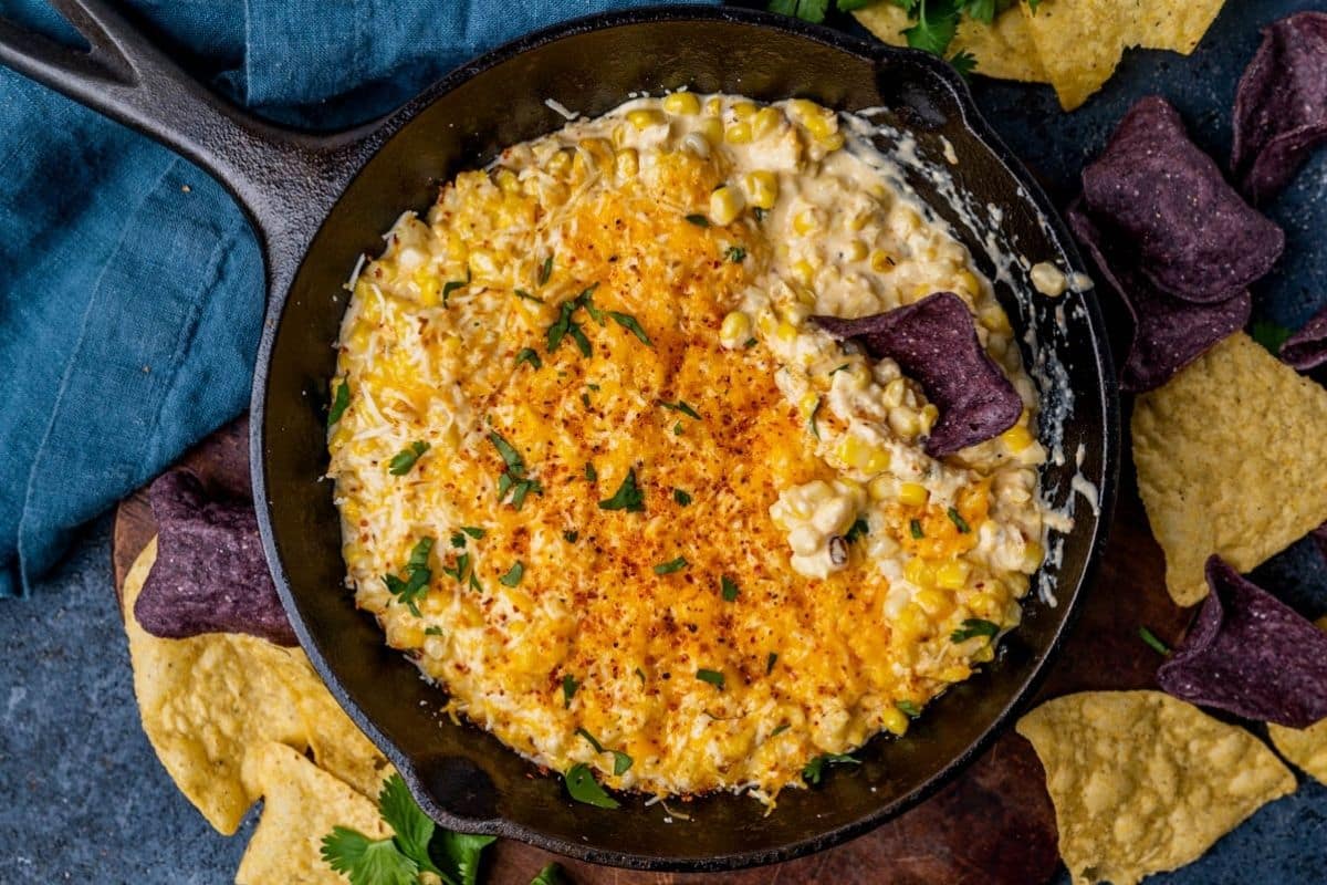 mexican street corn dip in a skillet