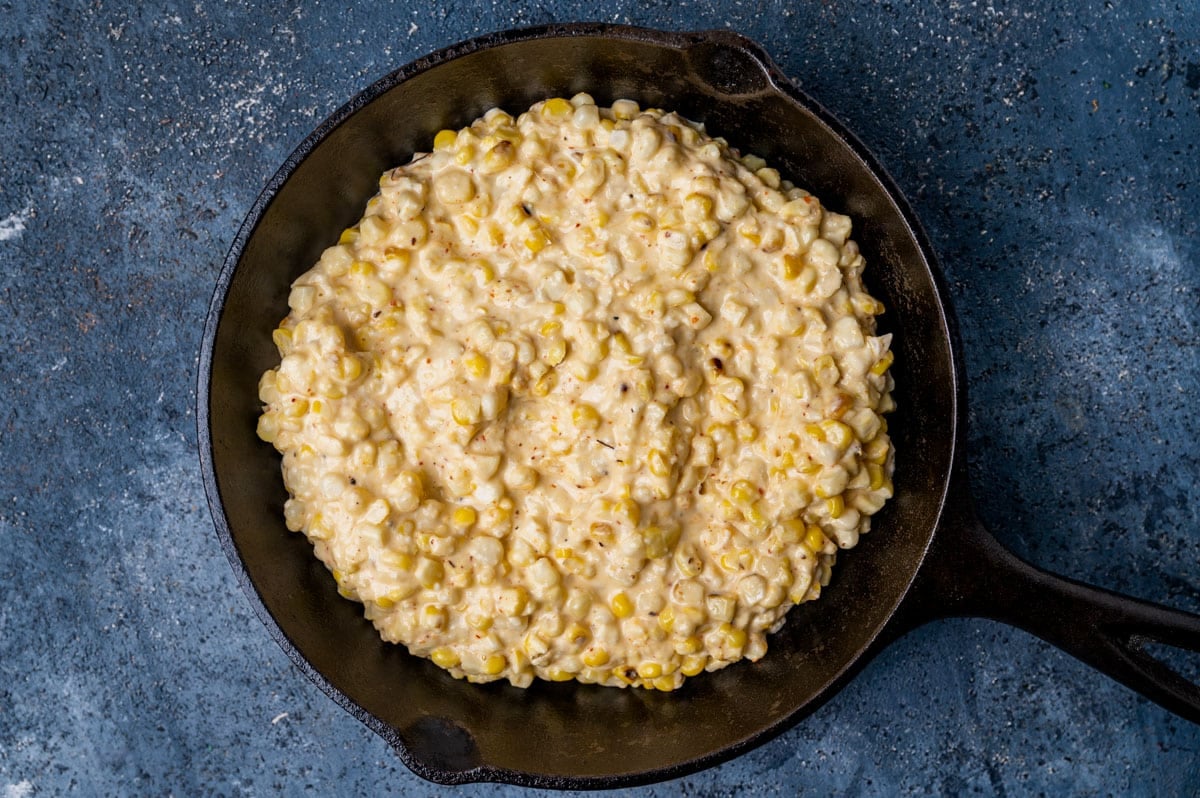 creamy street corn in a skillet