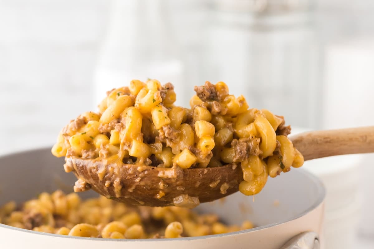cheeseburger helper on a wooden spoon