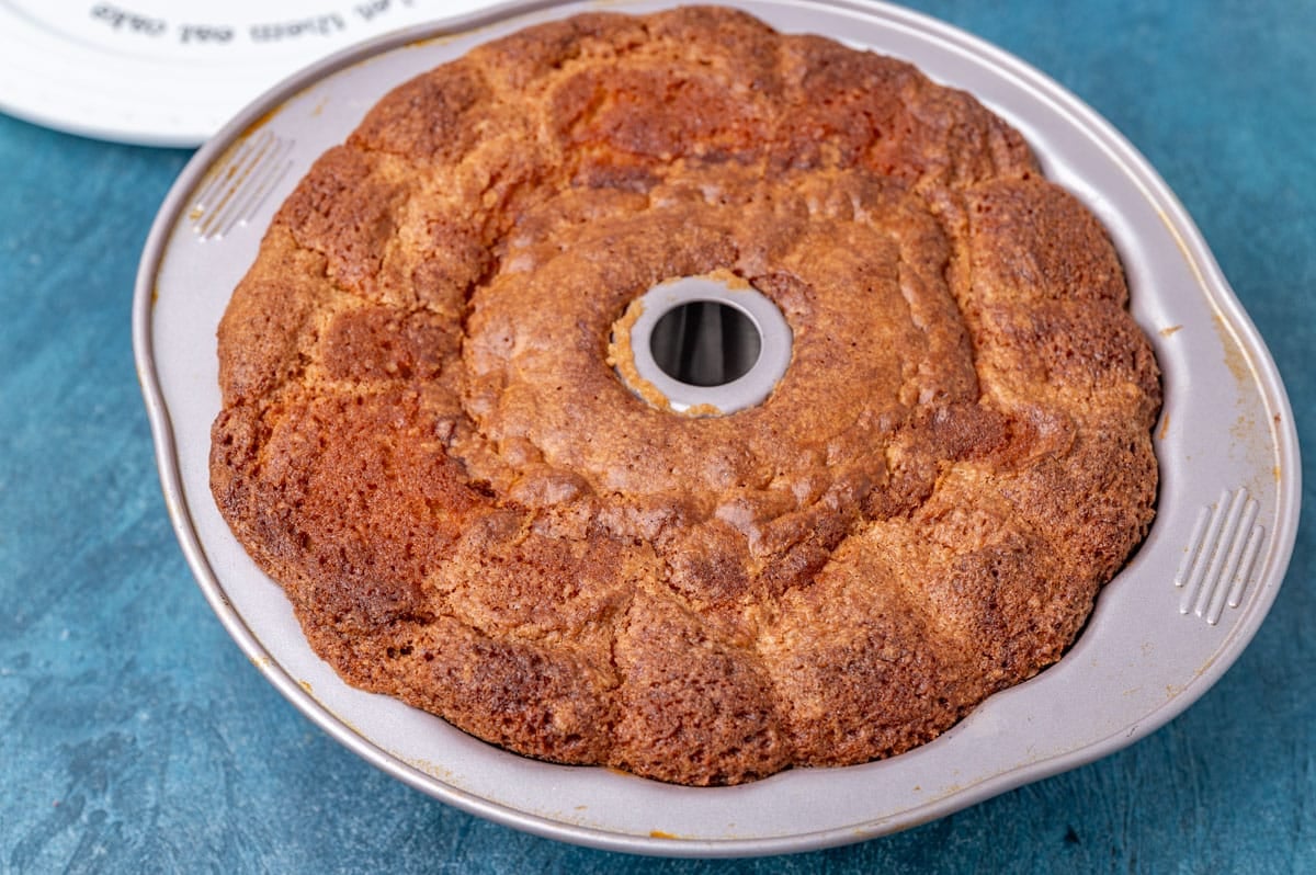 a bundt cake baked in a bundt cake pan