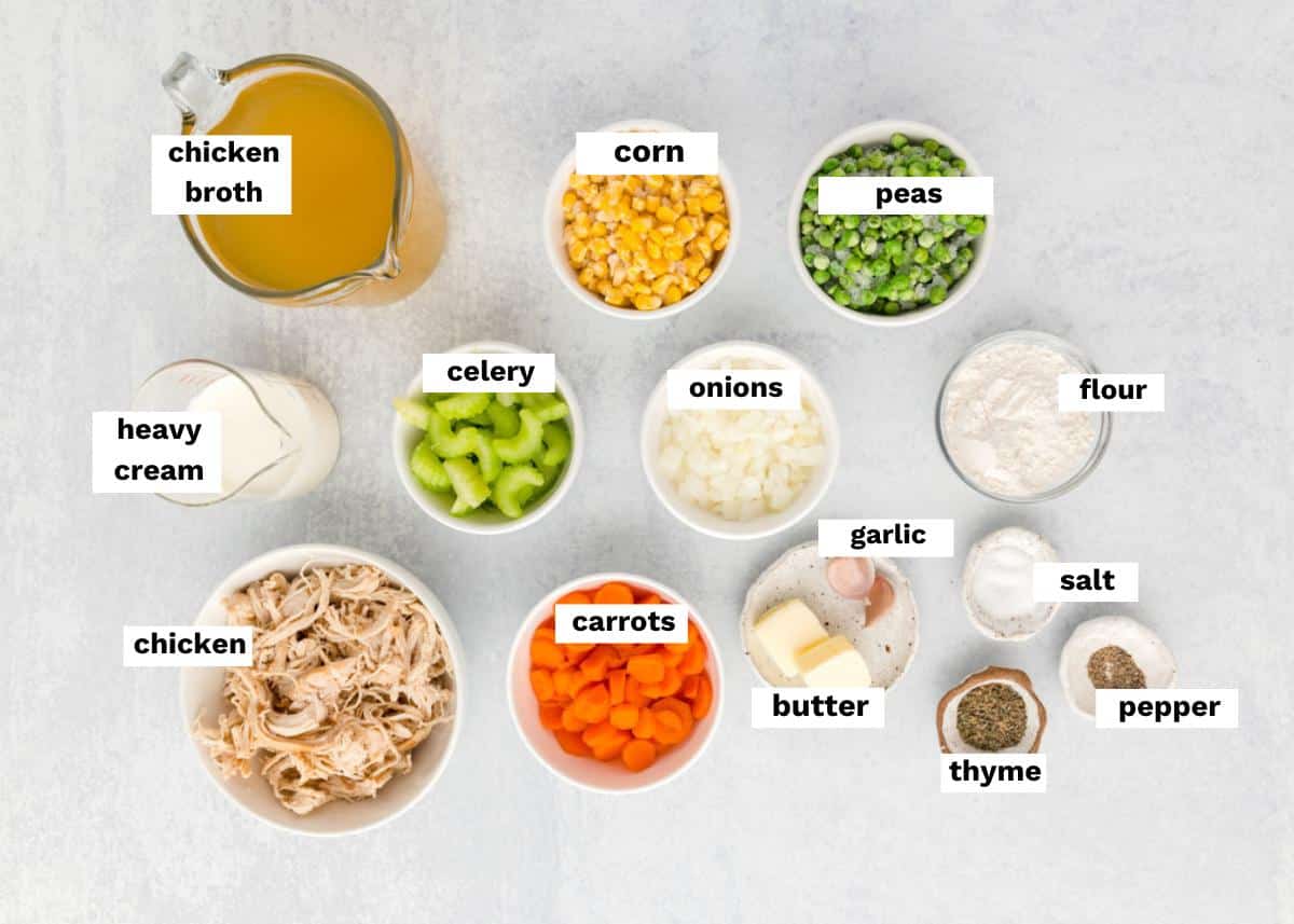 ingredients for chicken pot pie soup on a table