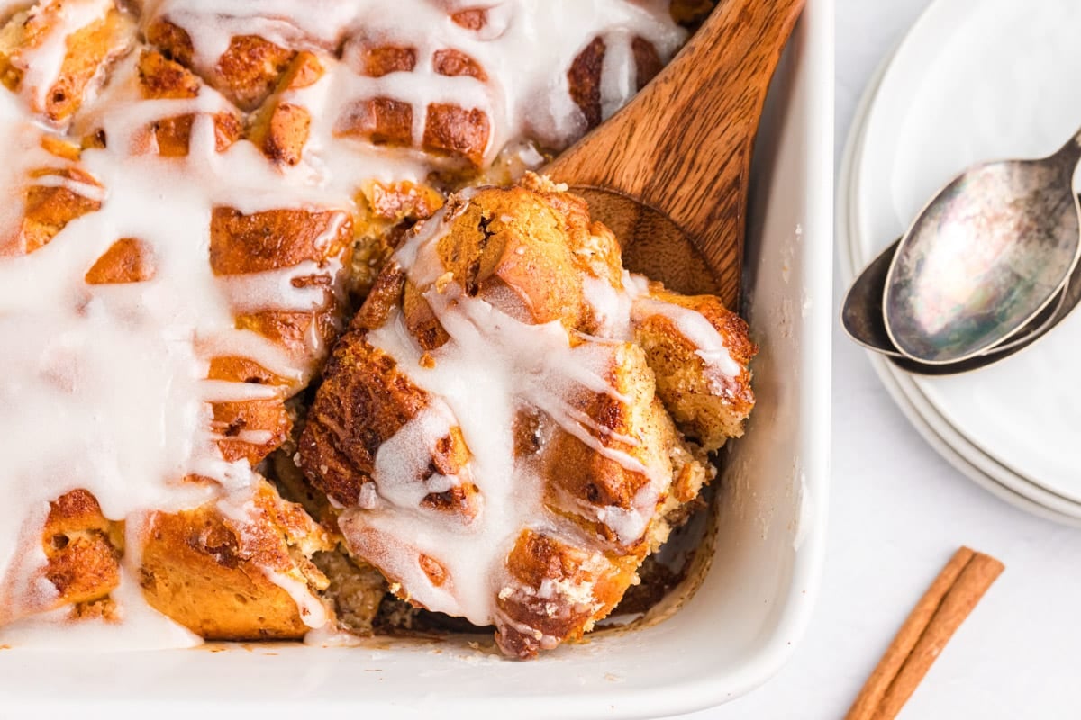 overhead view of cinnamon roll casserole in a pan