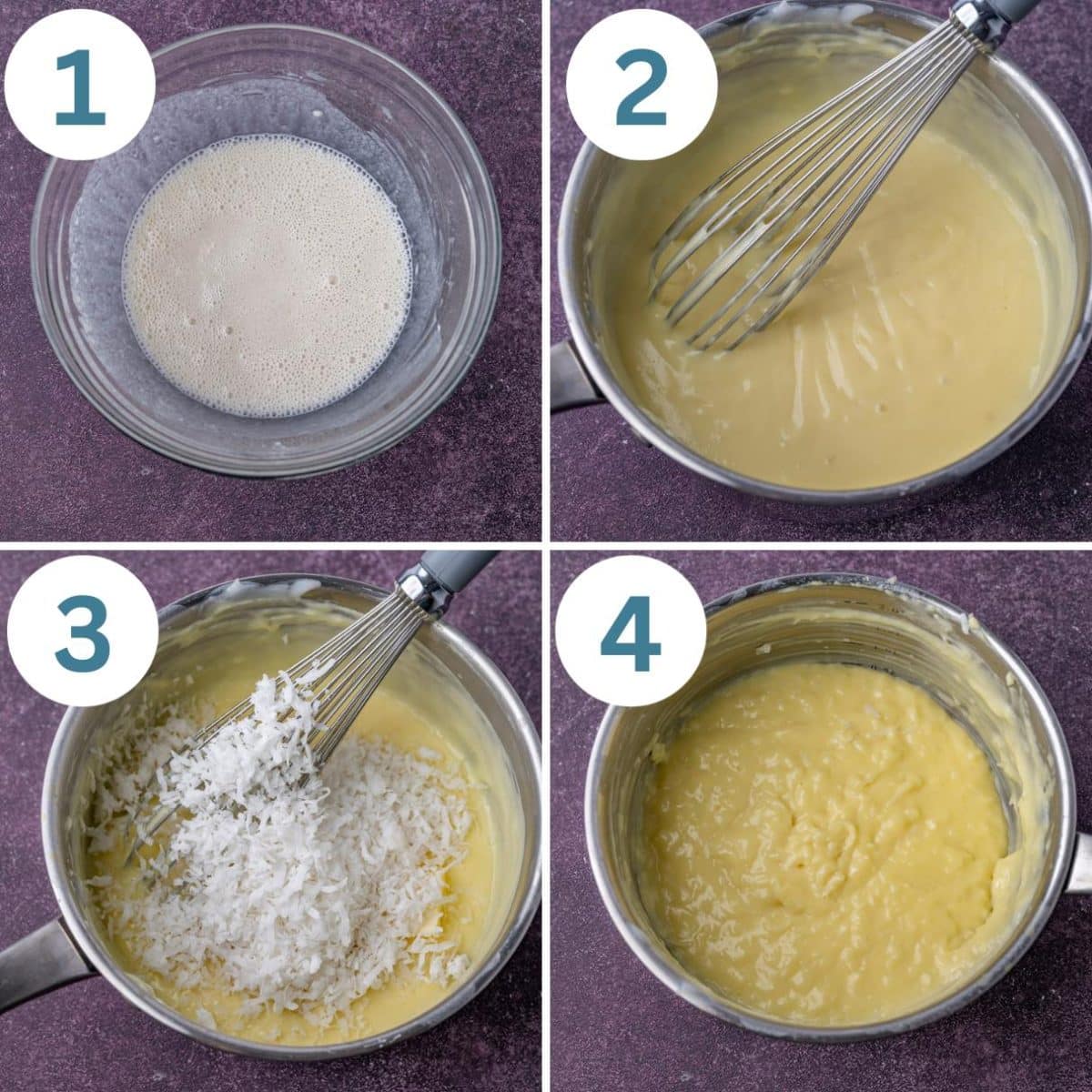collage of 4 steps to make coconut cream filling