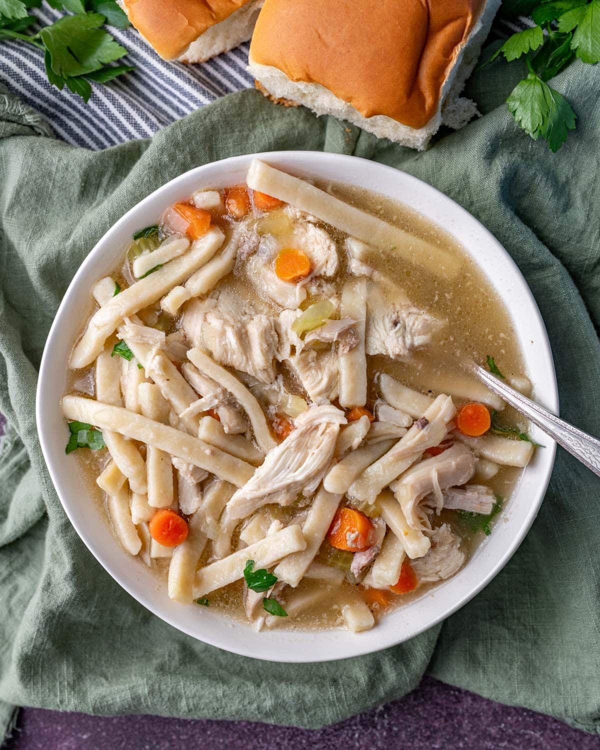 overhead view of homemade chicken noodles soup