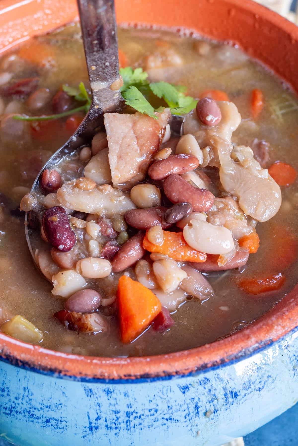 a ladle full of 15 bean ham bone soup