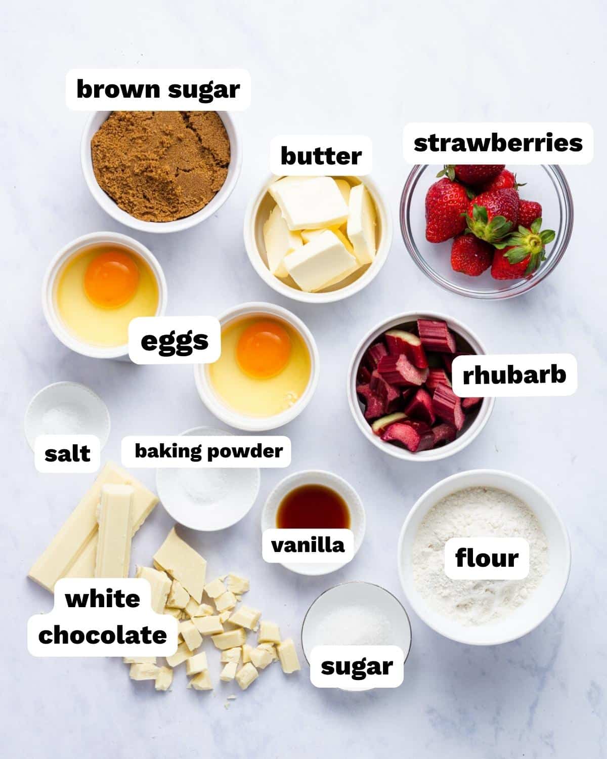 ingredients for strawberry rhubarb blondies on a table