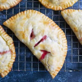 overhead view of a plum turnover on a wire rack