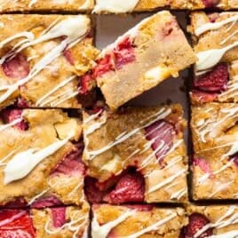 overhead view of strawberry rhubarb blondies