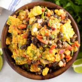 overhead view of black bean and corn salad with honey lime dressing