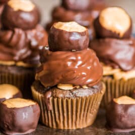 a buckeye cupcake on a table