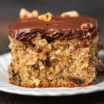 a piece of chocolate chip snack cake with frosting on a plate
