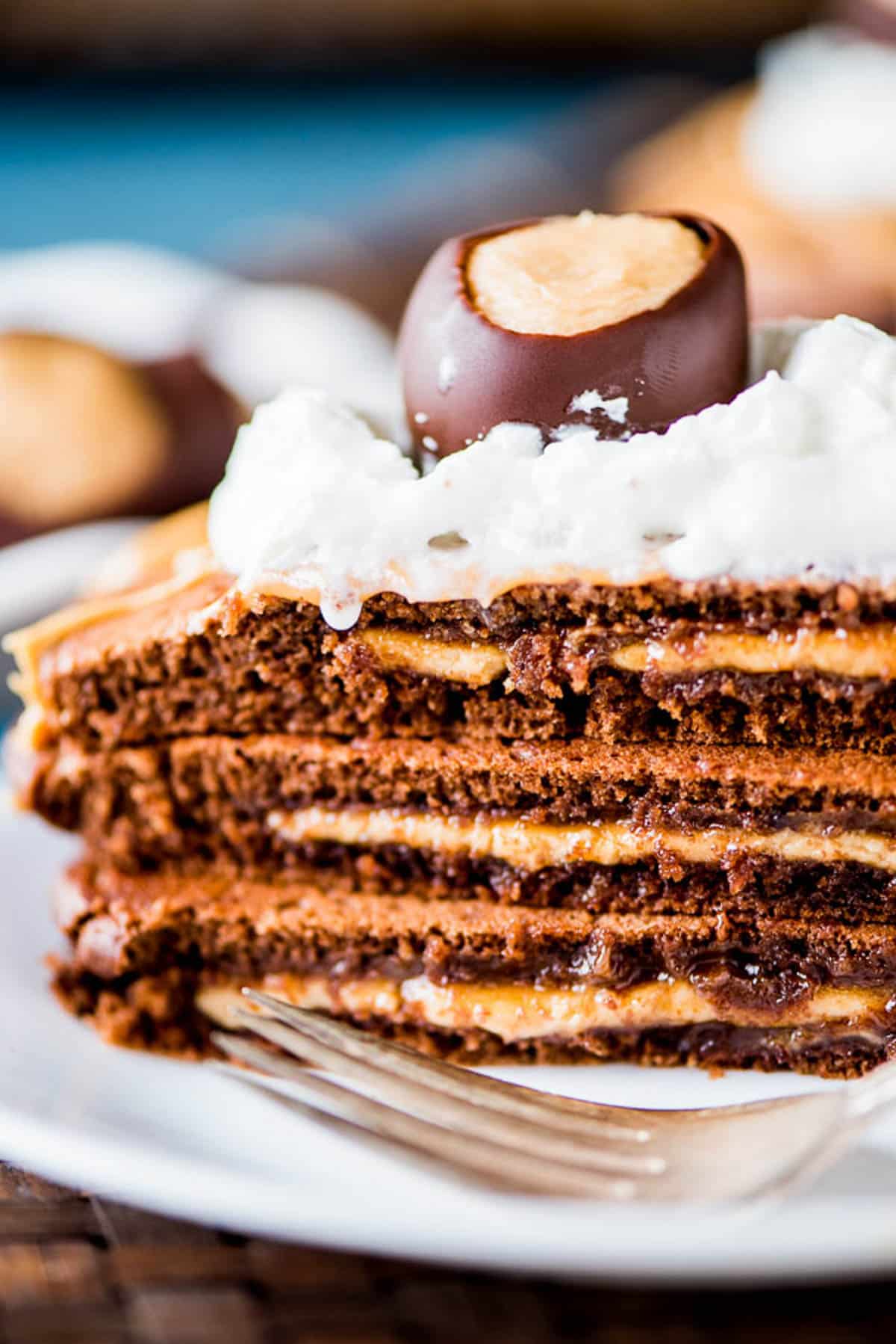 peanut butter stuffed chocolate pancakes cut in half