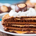 closeup of chocolate peanut butter pancakes on a plate