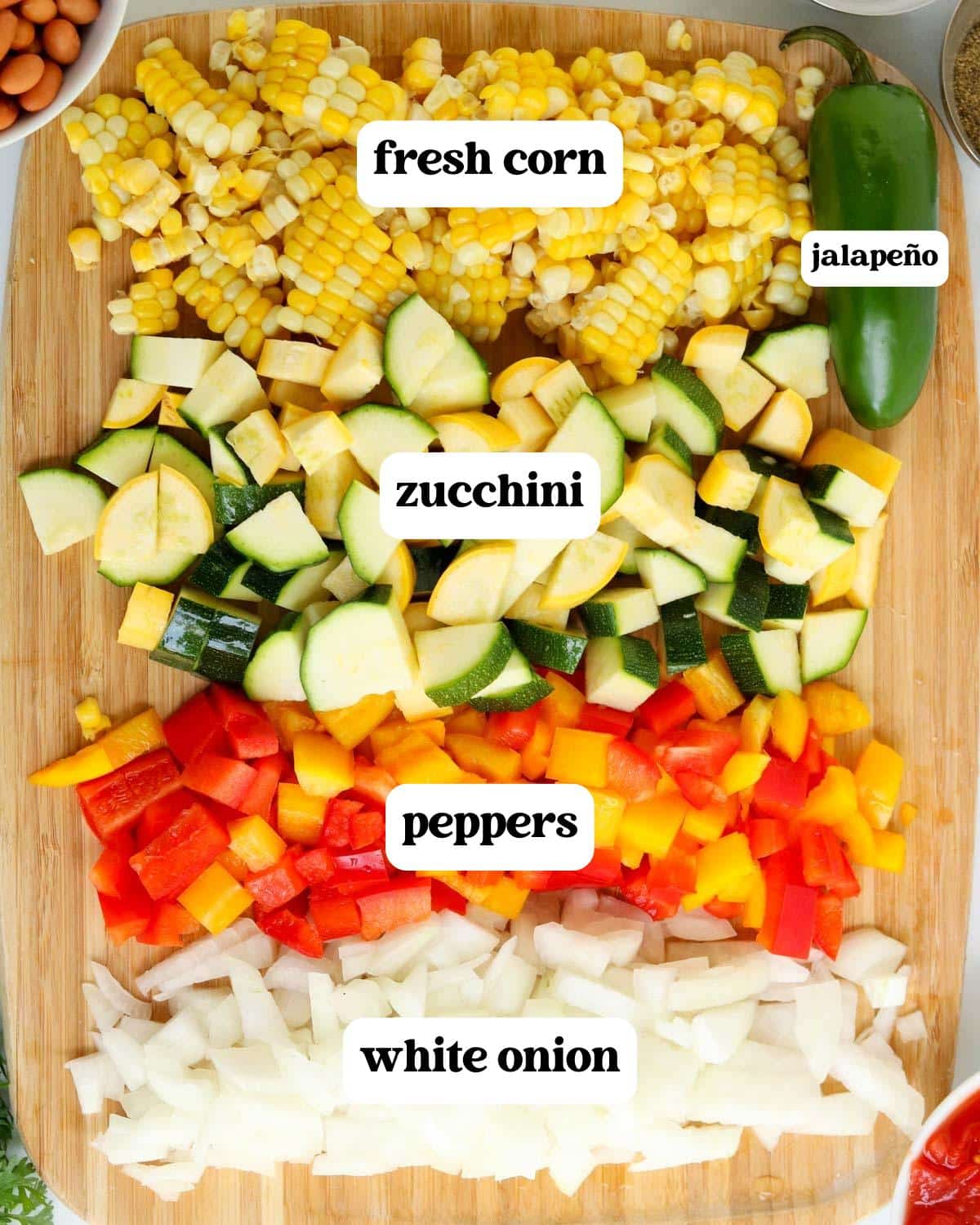 vegetables for summer chili on a cutting board
