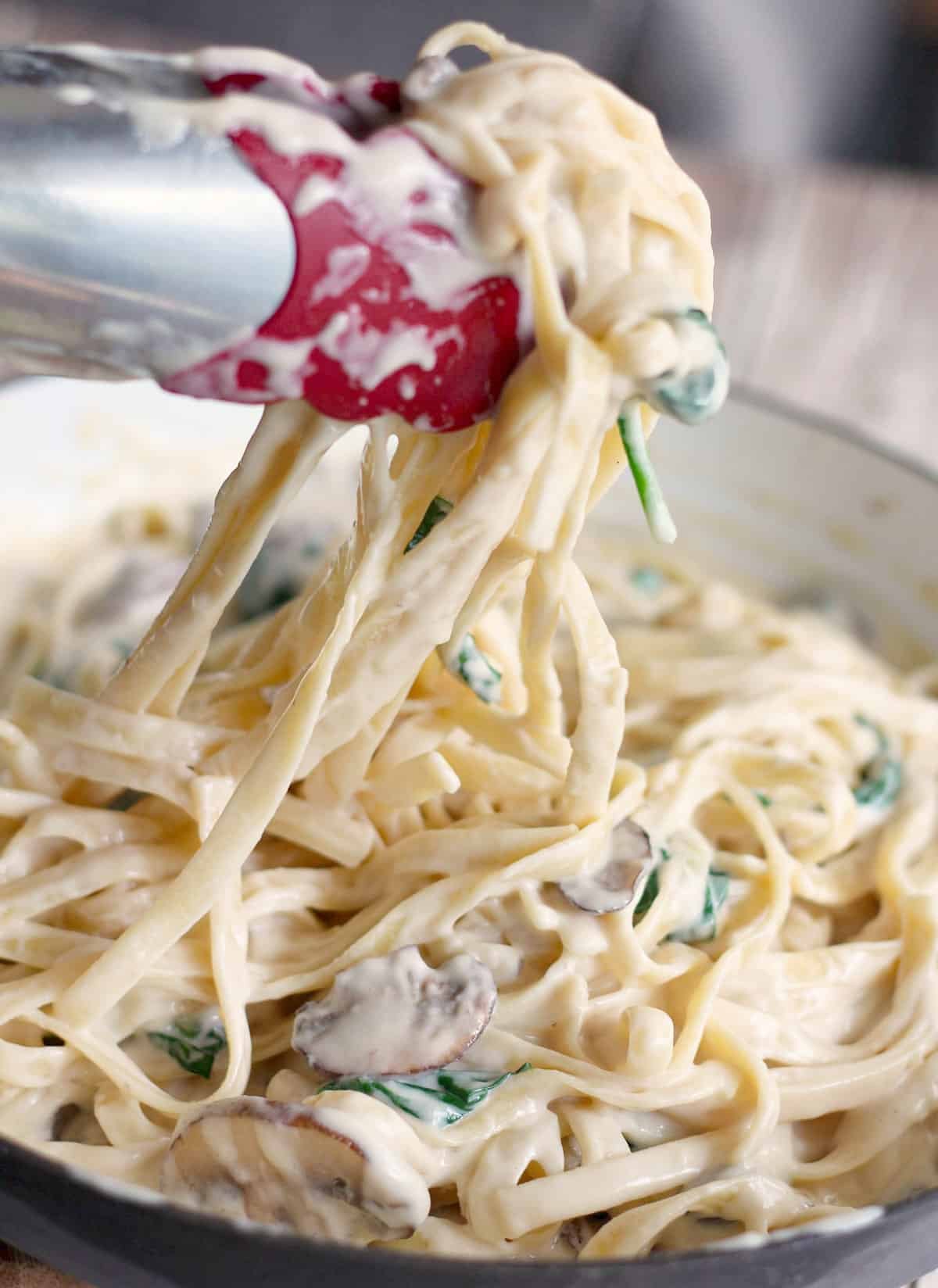 tongs holding fettuccini with mushroom alfredo sauce