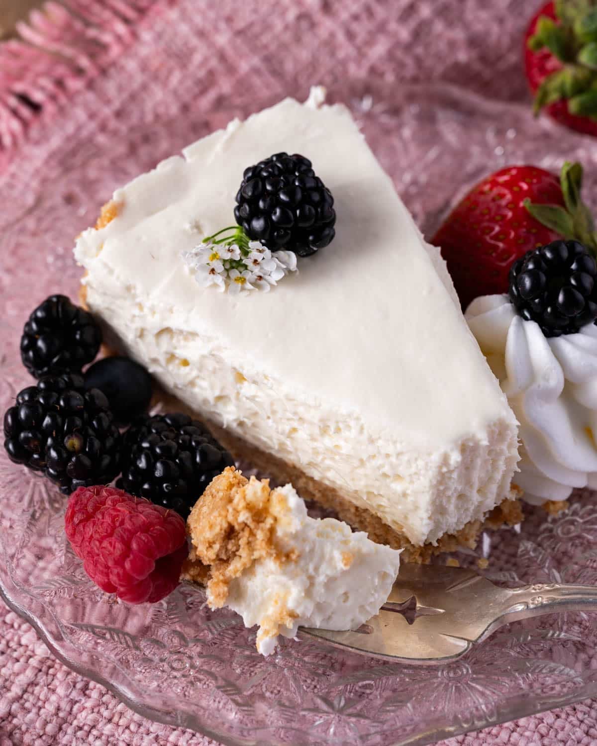 a piece of no bake cheesecake on a plate