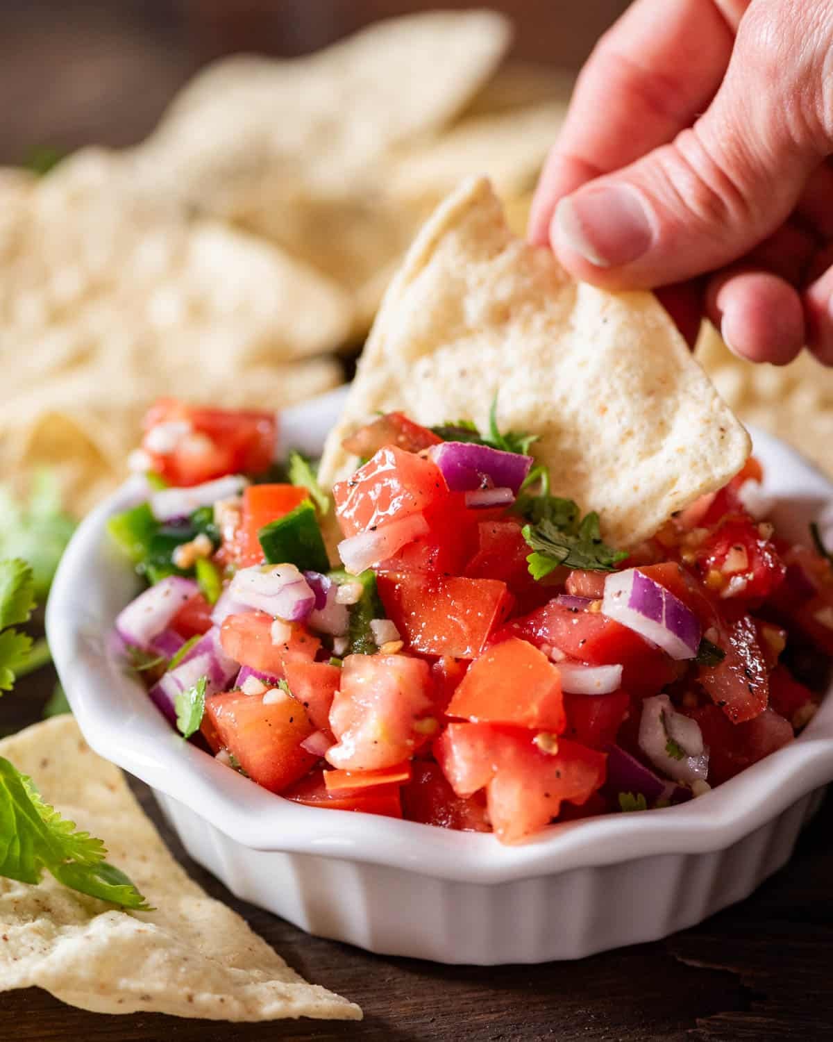 a hand holding a tortilla chip with pico de gallo