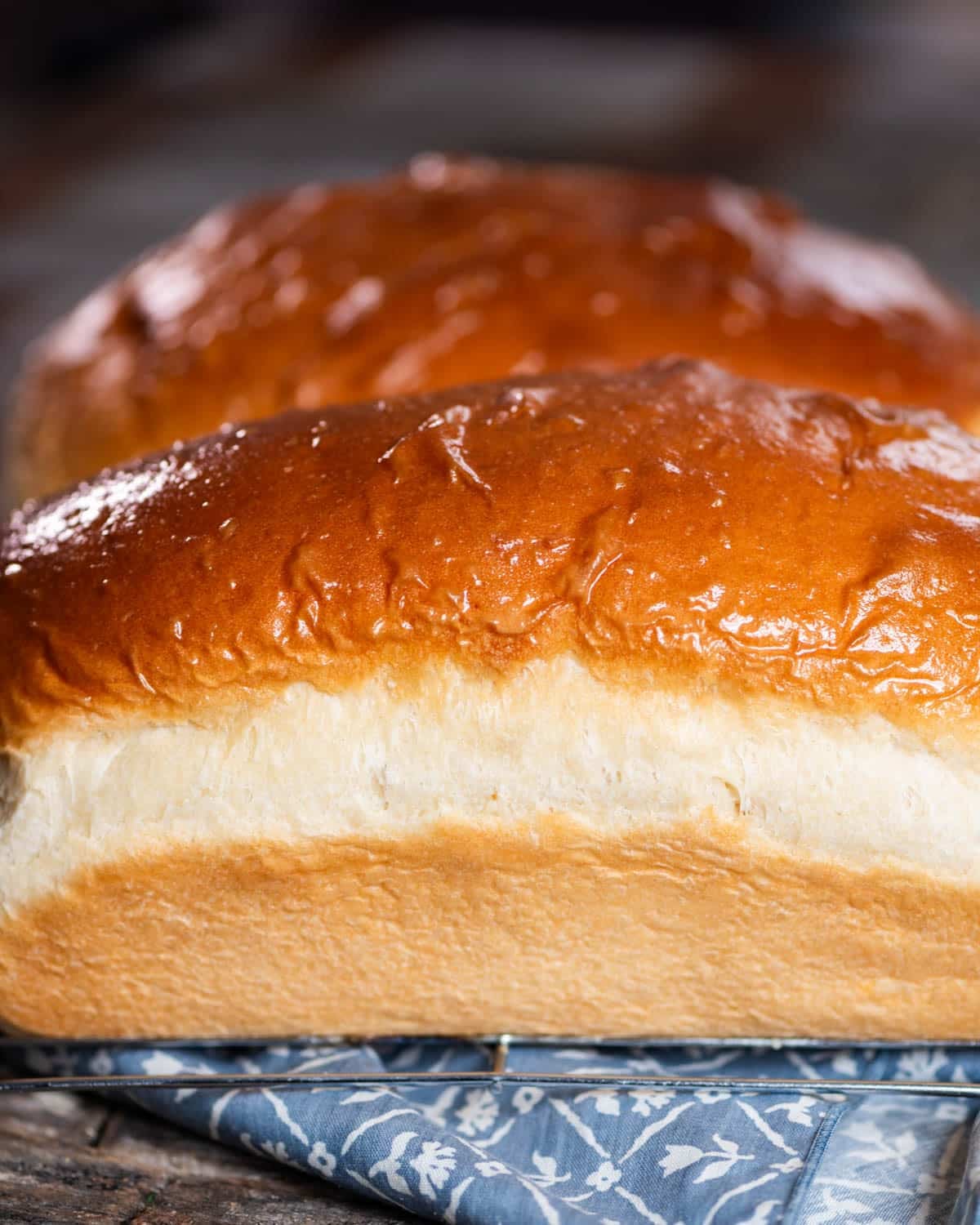 two loaves of golden topped potato bread