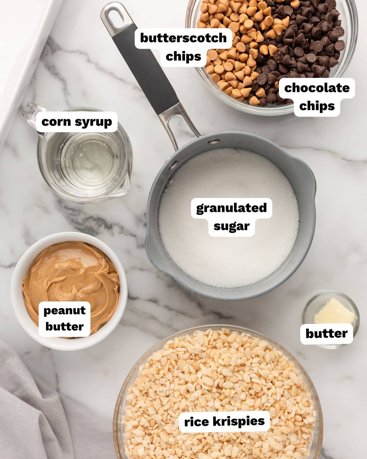 ingredients for rice krispie scotcheroos on a table