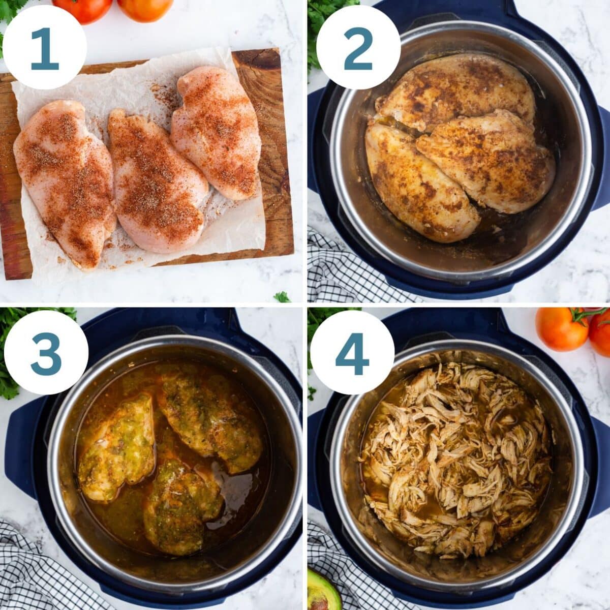 collage of how to make salsa verde chicken tacos in an instant pot