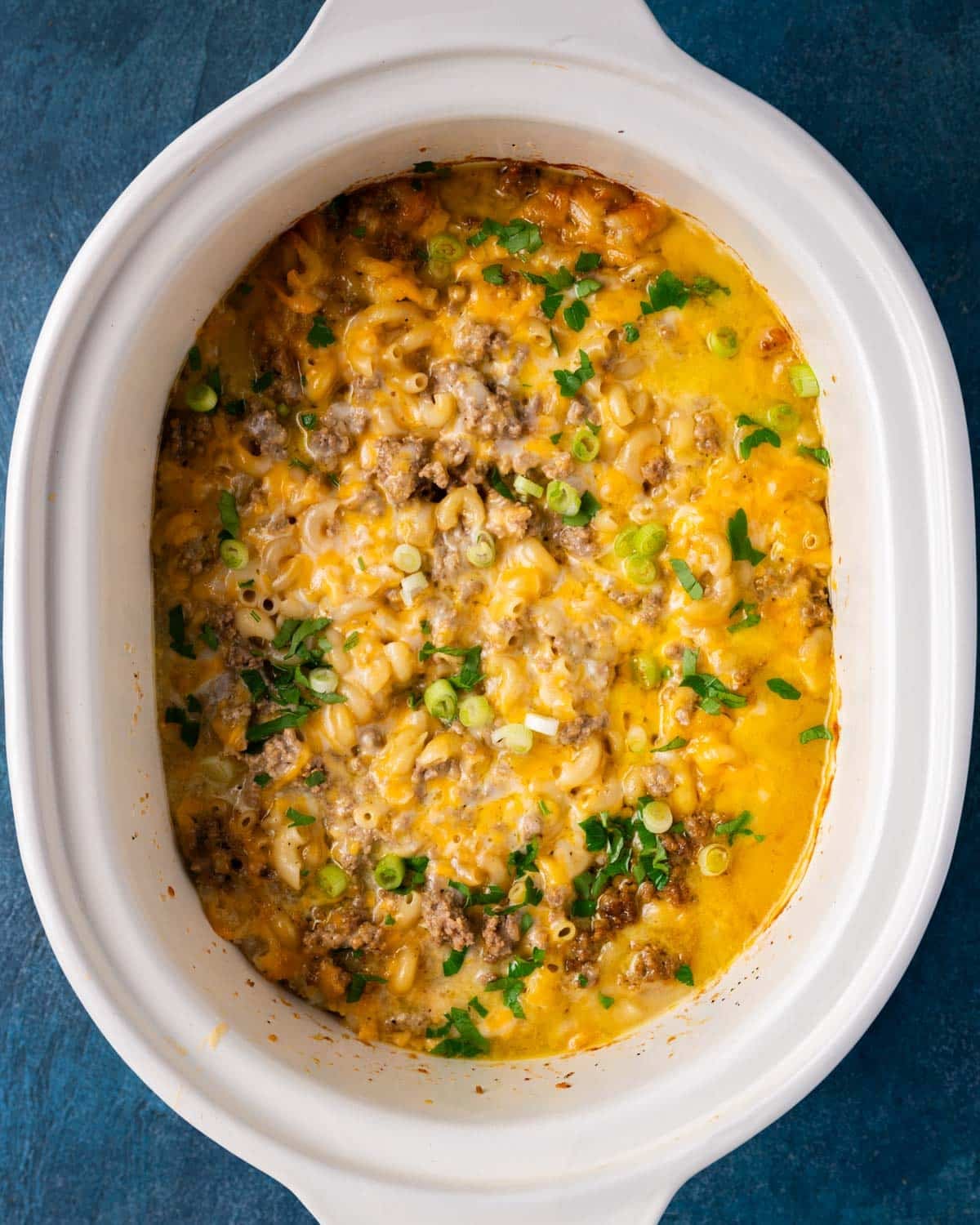 overhead view of slow cooker cheesy hamburger helper