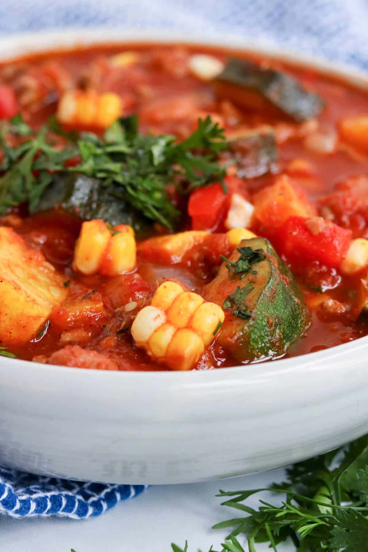 closeup of a bowl of summer chili with vegetables