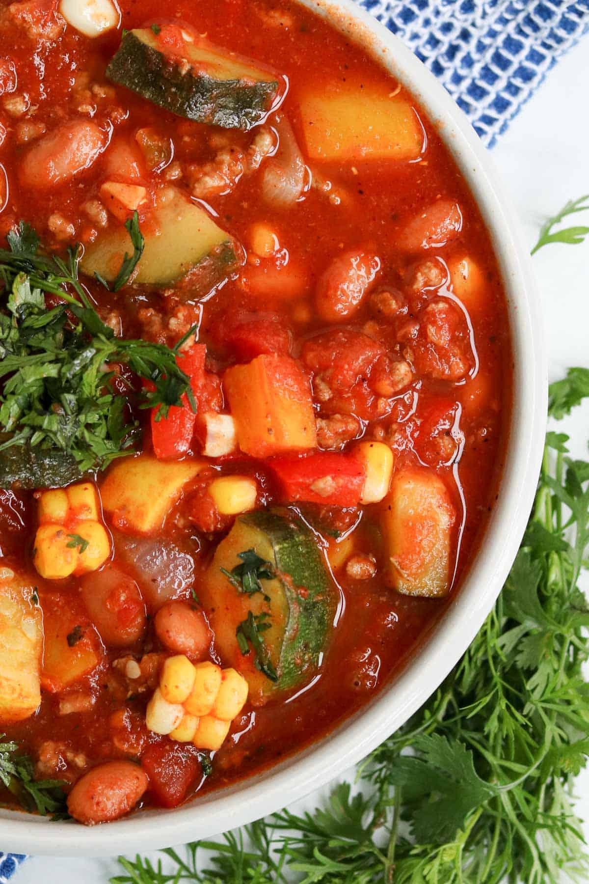 closeup of a bowl of summer chili