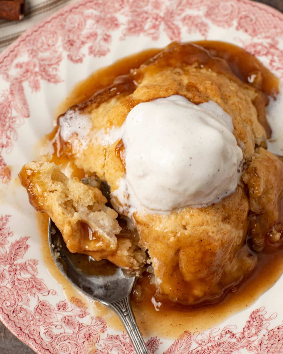 overhead view of apple dumpling with ice cream