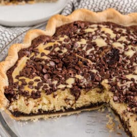 cake pie in a pan with one slice missing