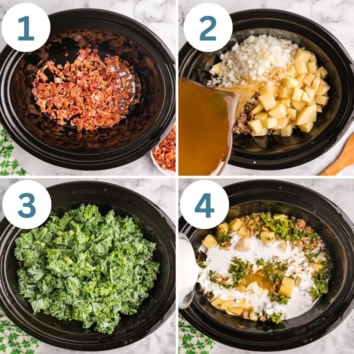 collage of how to make zuppa toscana in a slow cooker