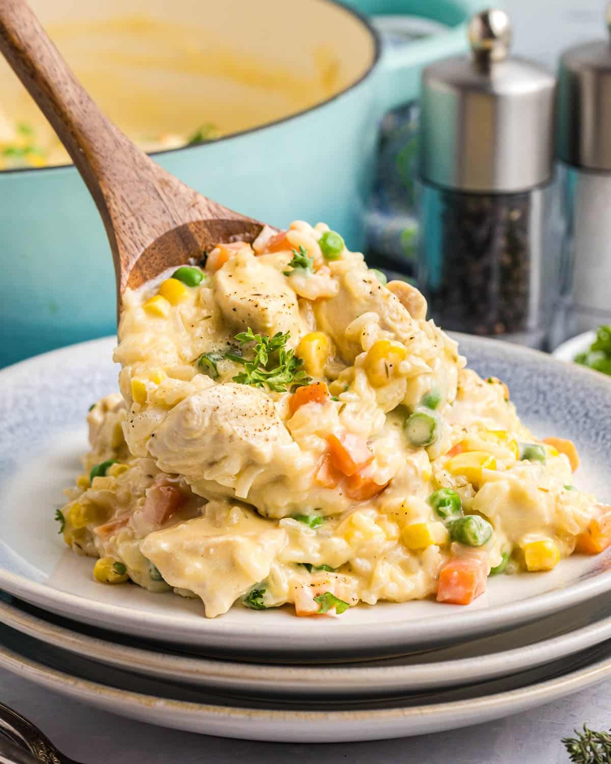 Spooning creamy chicken and rice on a plate