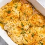 overhead shot of garlic butter parmesan chicken in a casserole