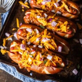 closeup of hot dog chili sauce on a pan