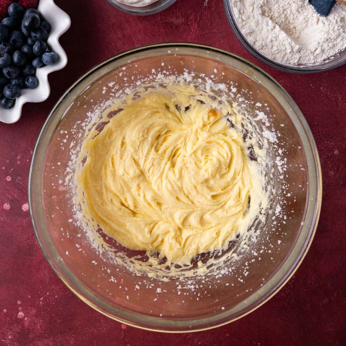 butter and sugar creamed in a bowl