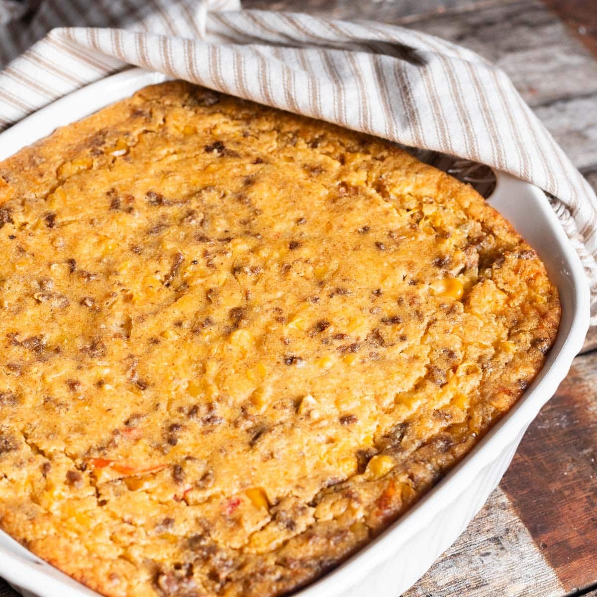overhead view of a taco corn casserole sitting on a table