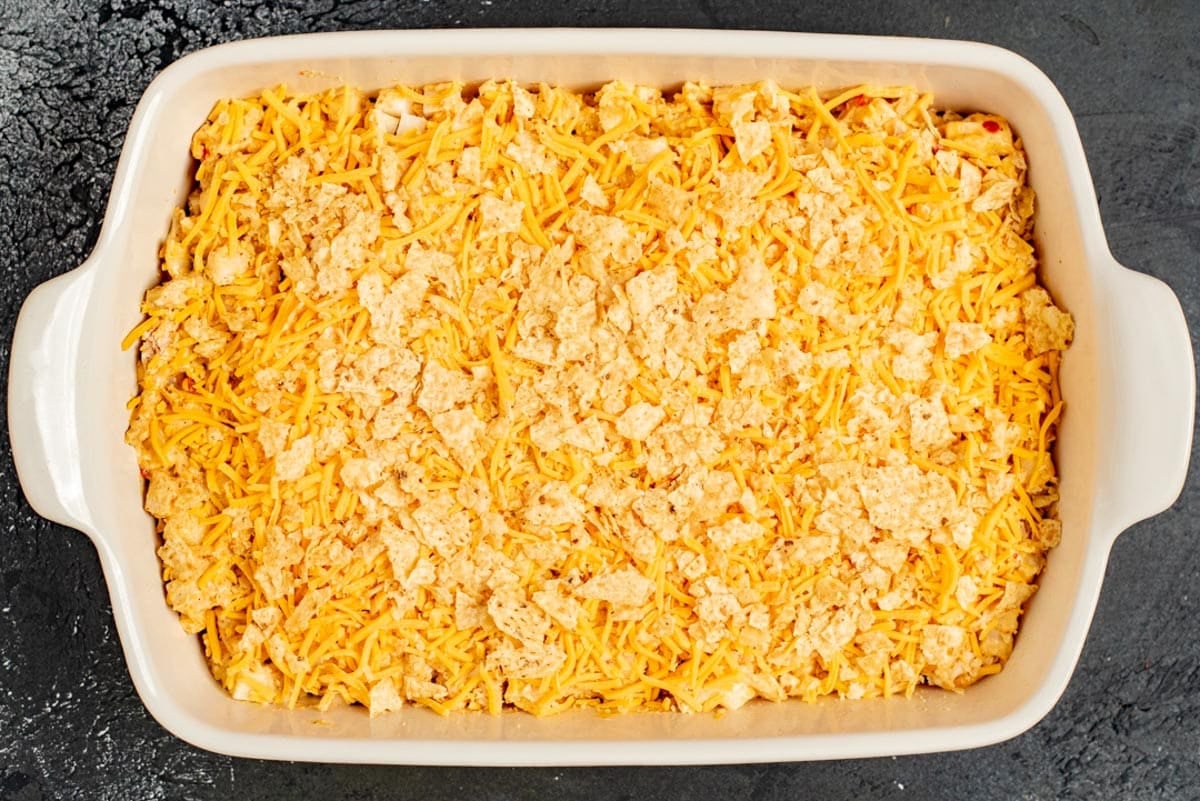 overhead view of unbaked nacho chicken casserole