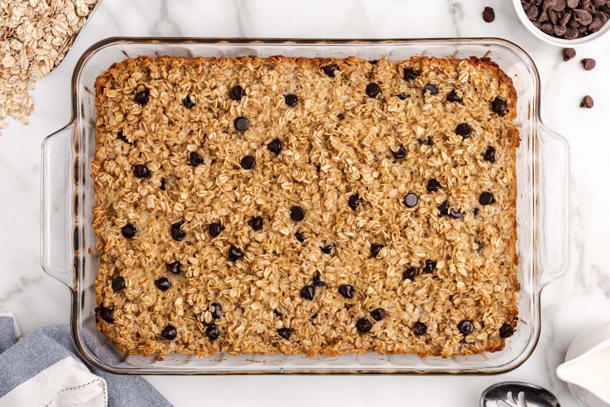 baked chocolate chip oatmeal in a 9x13" pan