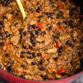 closeup of black bean chicken chili with quinoa