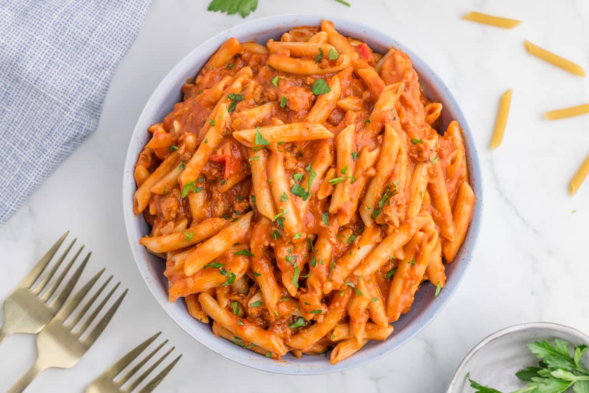 a bowl of sloppy joe pasta on a table