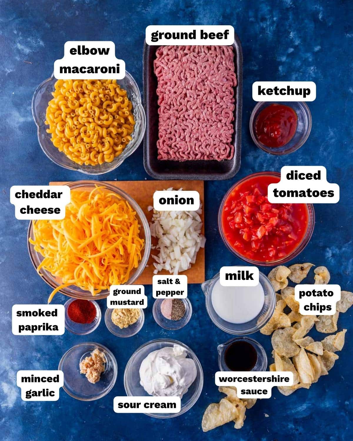 ingredients for macaroni casserole on a table