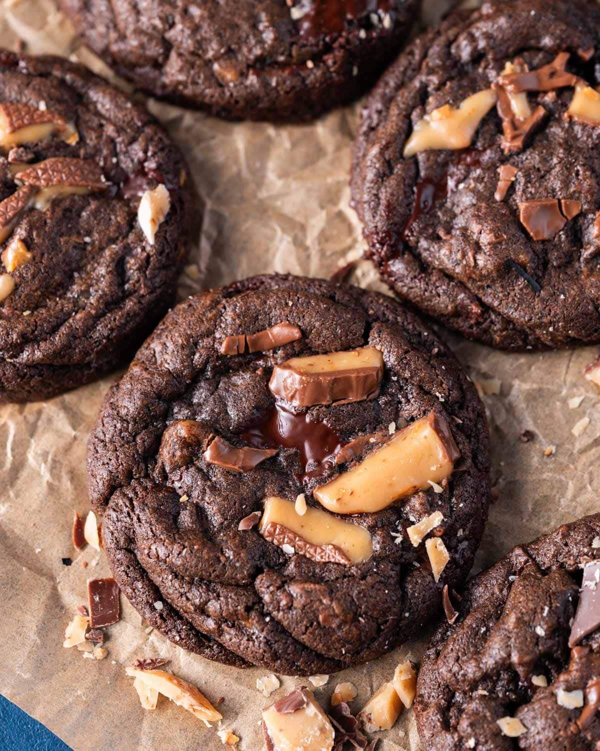coffee toffee cookies with pieces of heath bar on top