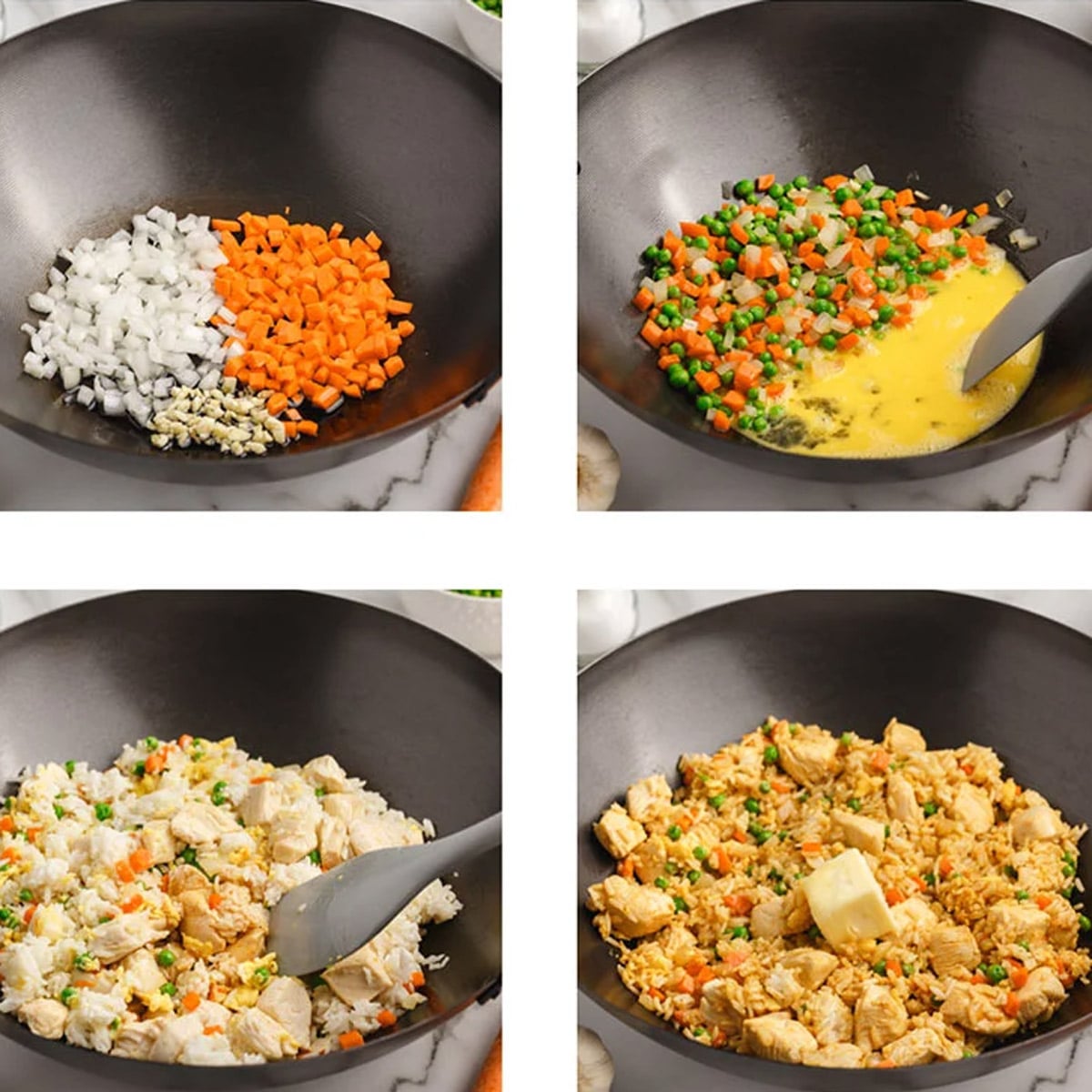 collage of how to make chicken fried rice