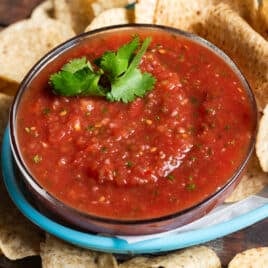 a bowl of blender salsa with chips