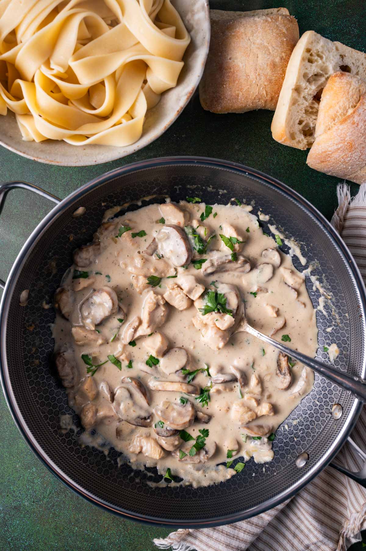 chicken and mushrooms with gravy in a pan